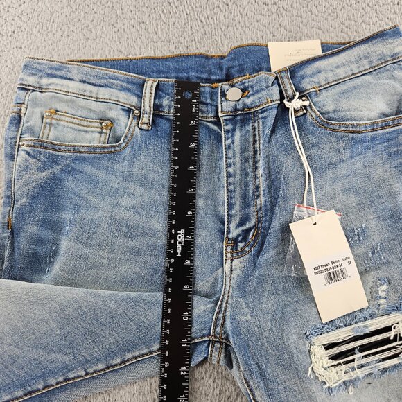 MNML Jeans Mens 34 Blue X203 Stretch Denim Distressed Ripped Slim Fit Pants - Picture 10 of 16